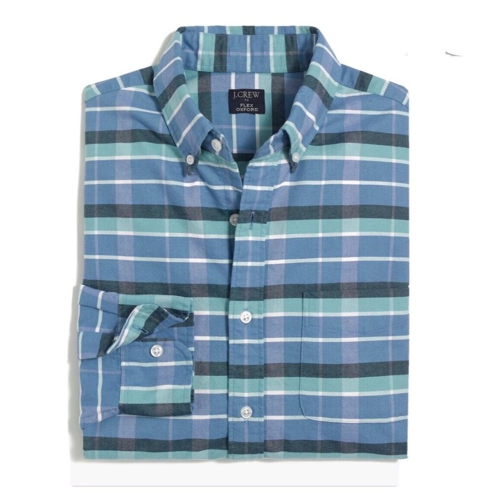 J.Crew Slim Flex Oxford Plaid Shirt in Blue Large Mens Button Down